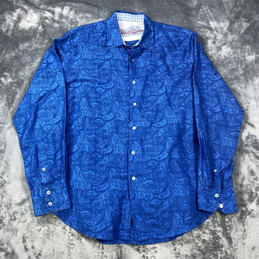 Robert‎ Graham Shirt Linen Blend Mens Large Blue Paisley Long Sleeve Flip Cuff
